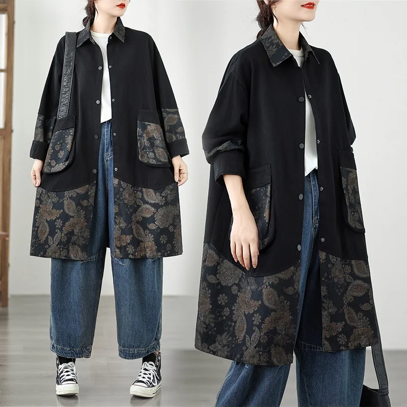 

Повседневная джинсовая куртка оверсайз с пэчворком, свободный крой, большие размеры, универсальный ретро-стиль для полных женщин, осенняя, хлопок/полиэстер