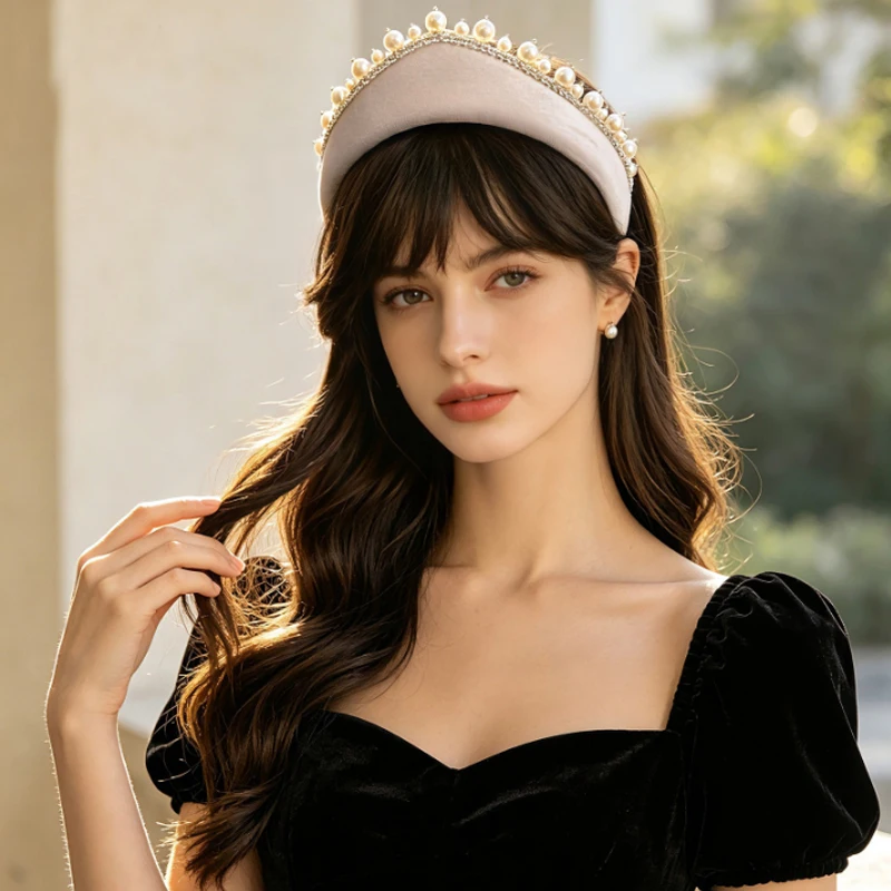 Solid Velvet Pearls Crown Headband Princess Style Triangle Hairbands Bride Wedding Party Hair Accessories Women Hair Decoration