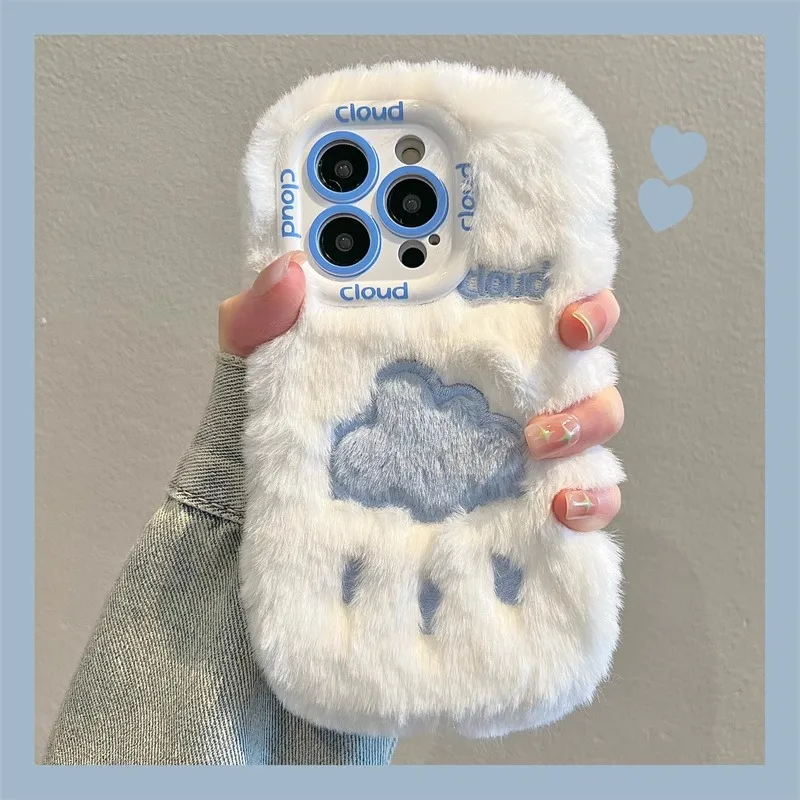 Plush Embroidered Cloud&Love Phone Case Suitable for IPhone 11 12 13 14 15 Pro Max Cartoon Fine Hole Lens Protection Case