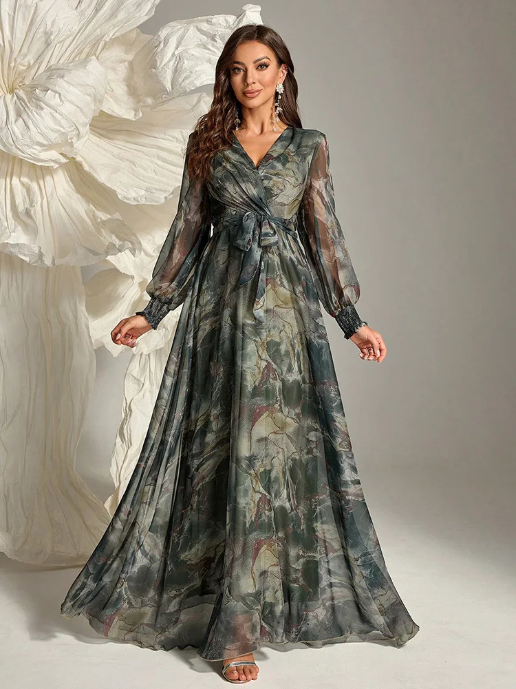TOLEEN Women\'s Cross Wrap Summer Long Sleeve Dress 2024 New Spring Casual Elegant Floral Print Belted Formal Party Maxi Dresses