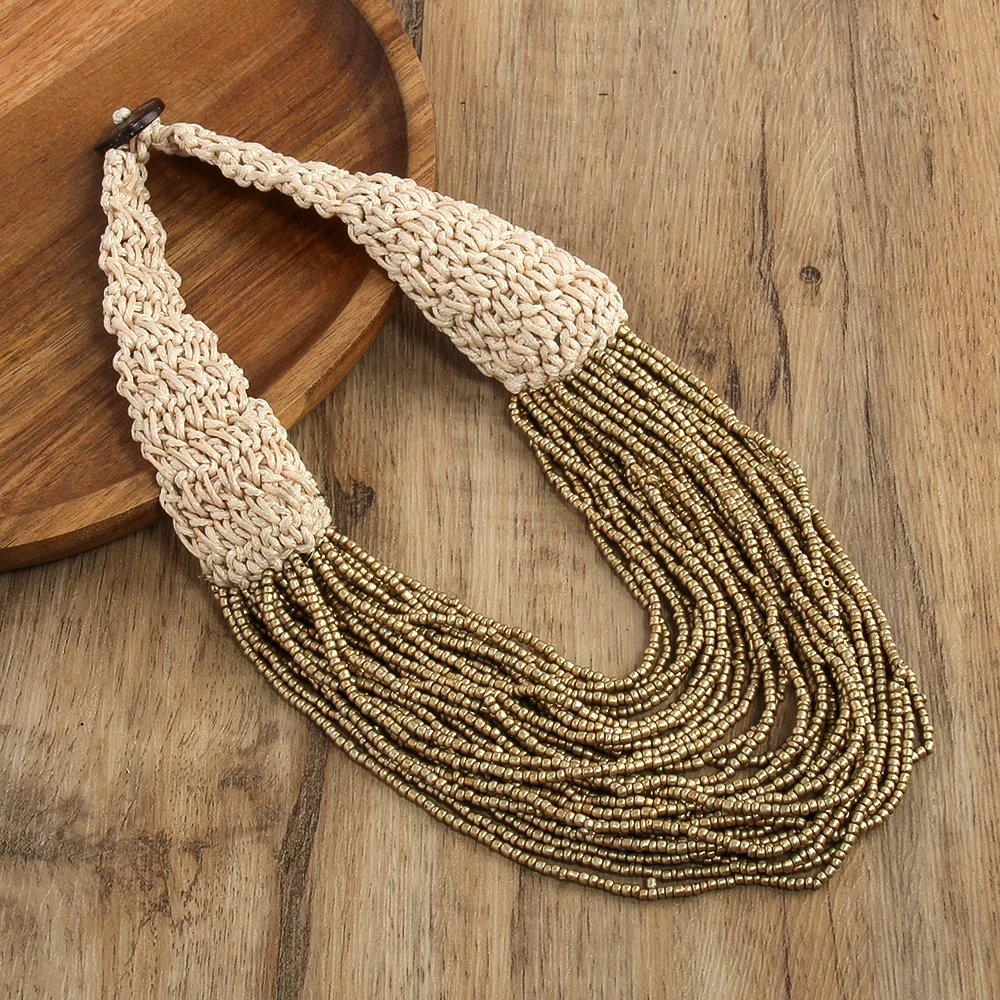 Western fashion retro Bohemian ethnic style exaggerated women\'s necklaces multiple layers hand woven rice bead wax rope necklace