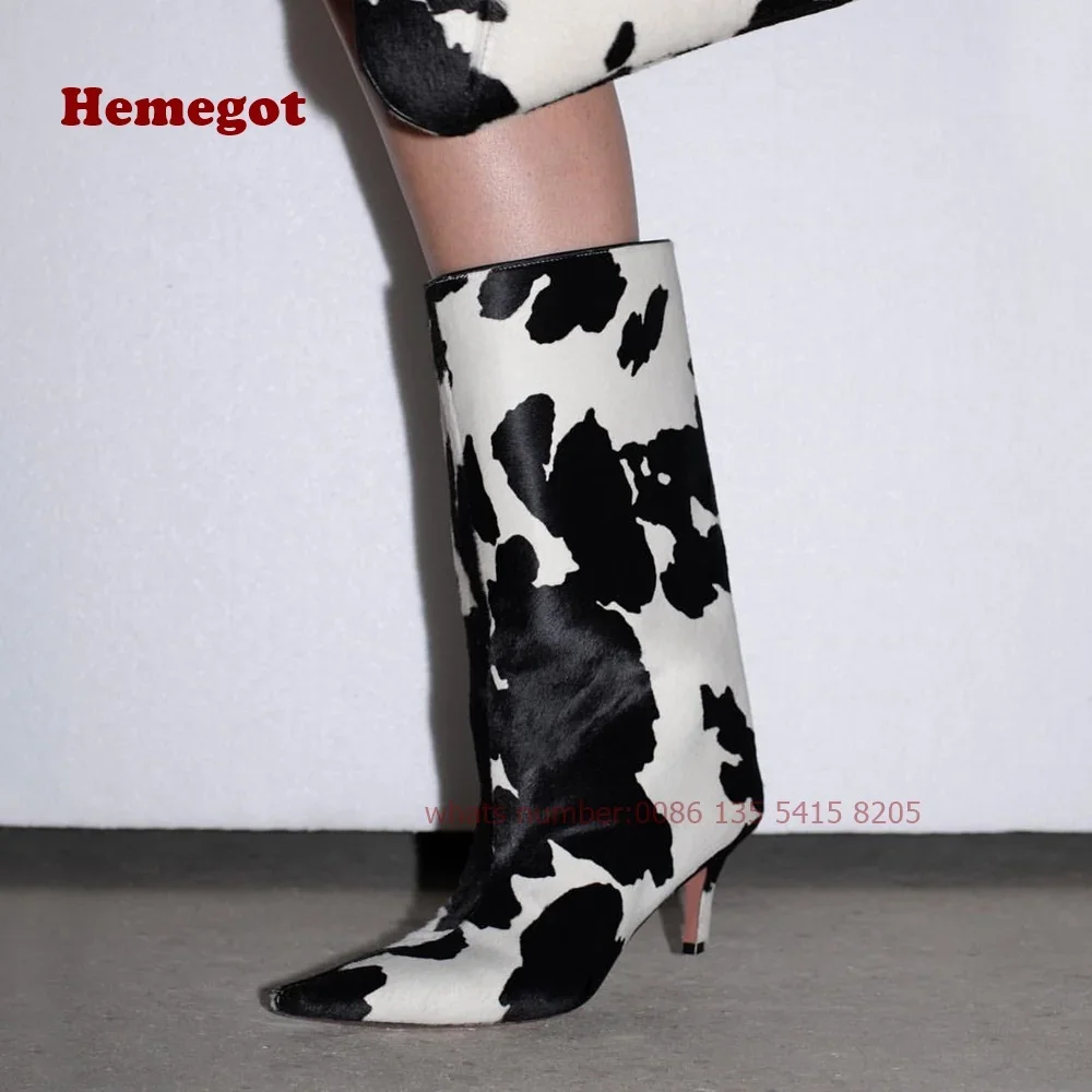 

Pointy Toe Glossy Warm Women's Boots Milk-Pattern Kitten Heels Mid-Calf Boots 2025 Winter Elegant Slip On Runway Shoes Luxury