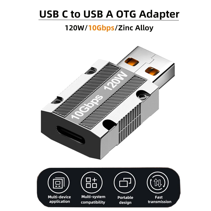 

USB C to USB A OTG Adapter 120W 10Gbps Zinc USB A Male to Type C Female Data Transmission Fast Charging Converter for Phone PC