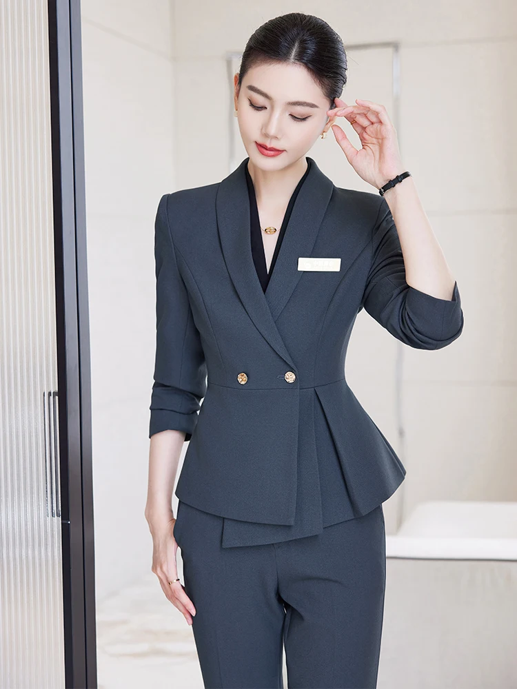 ชุดสูททรงเข้ารูปสำหรับผู้หญิง สไตล์ลำลองทางการ ช่วยกระชับเอว ดูทันสมัย ช่วยให้ดูผอมเพรียว ชุดสองชิ้น ผลิตจากเส้นใยโพลีเอสเตอร์