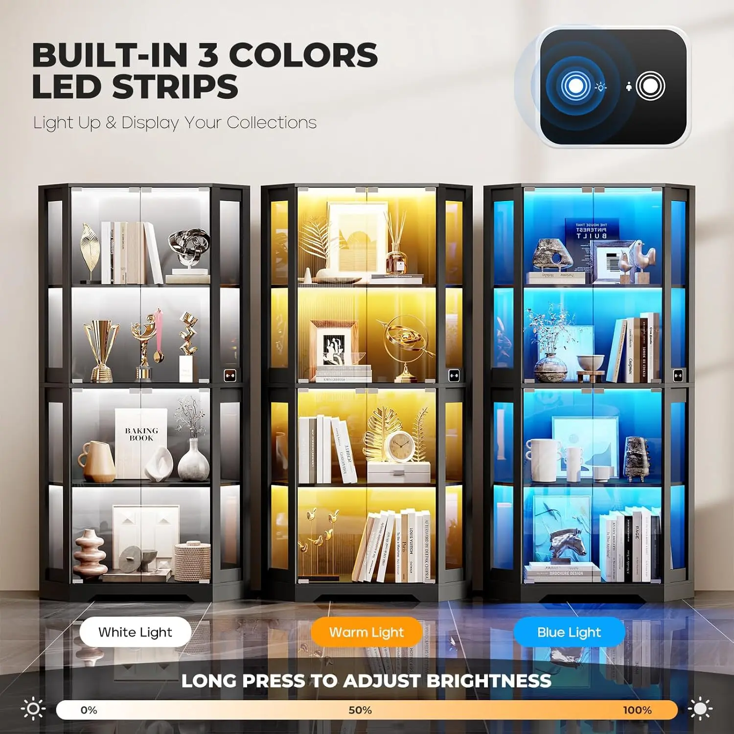 خزانة عرض زاوية مع باب زجاجي 1 مع خزانة عرض مجموعة مصابيح ثلاثية الألوان #3