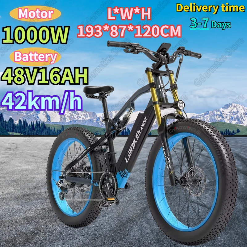 Electric Bicycle 1000W Powerful Motor 48V16AH Dual Suspension Hydraulic Brake Electric Bike 26*4.0-inch Fat Tire Mountain E Bike