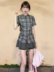 Korean Fashion Loose Short Sleeve 2 Piece Set Women Summer Vintage Natural Plaid Lapel Tops Female + High Waist Thin Skirt 2024