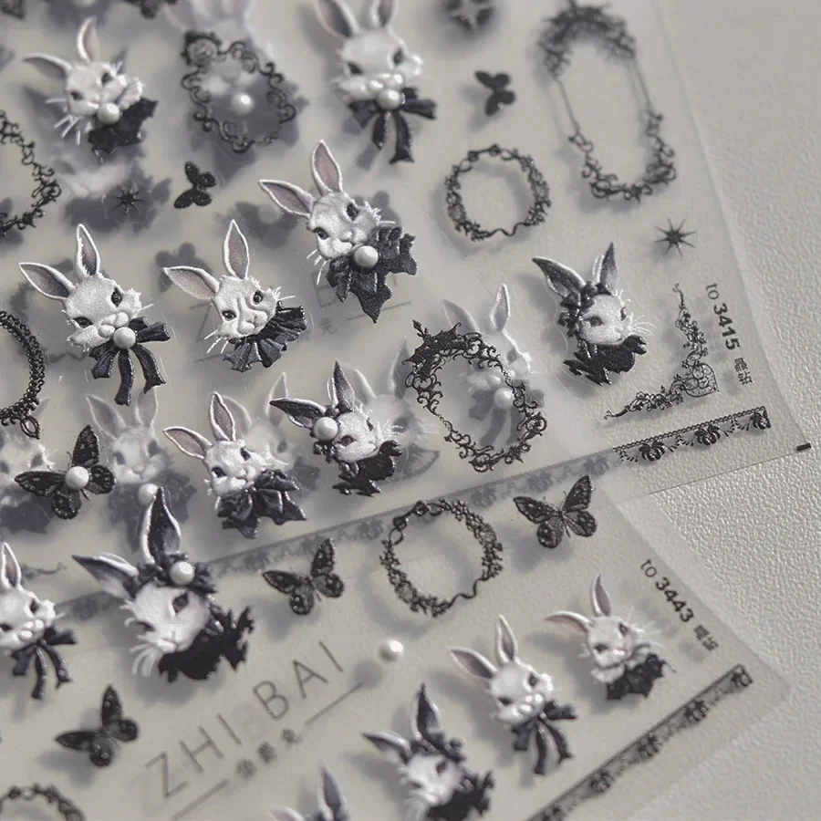 Punk Rabbit Dark Butterfly 5D Nail Art Stickers Japanese Cute Lace Pearl Nail Art Decals Decorations DIY Manicure Accessories