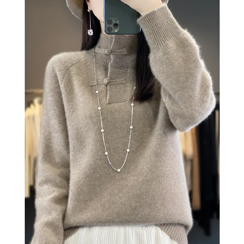 Women 100% Merino Wool Knitted Basic Sweater Half-high Collar Pullover Autumn Winter Chinese Style Buckle Thickening Soft Top