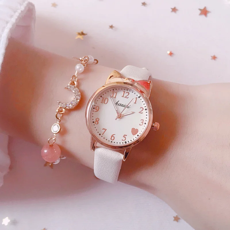 Cute Cat Ear Girls Wrist Watch Sweet Girly PU Leather Quartz Watch Set Student Birthday Gift