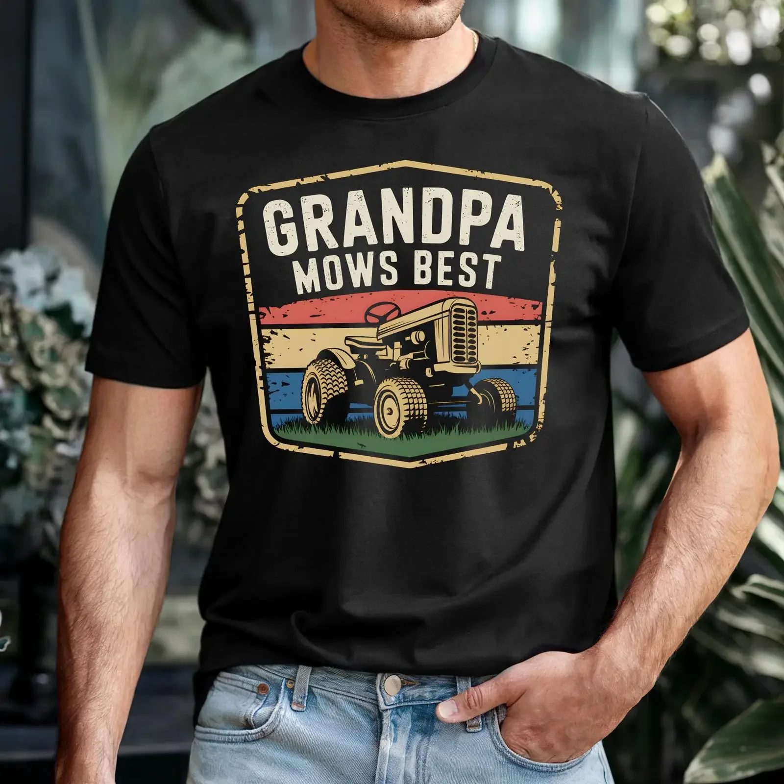 Grandpa Mows Best T Shirt Vintage Lawn Mower Father's Day Grandfather vintage Washed Breathable Comfortable Casual homme
