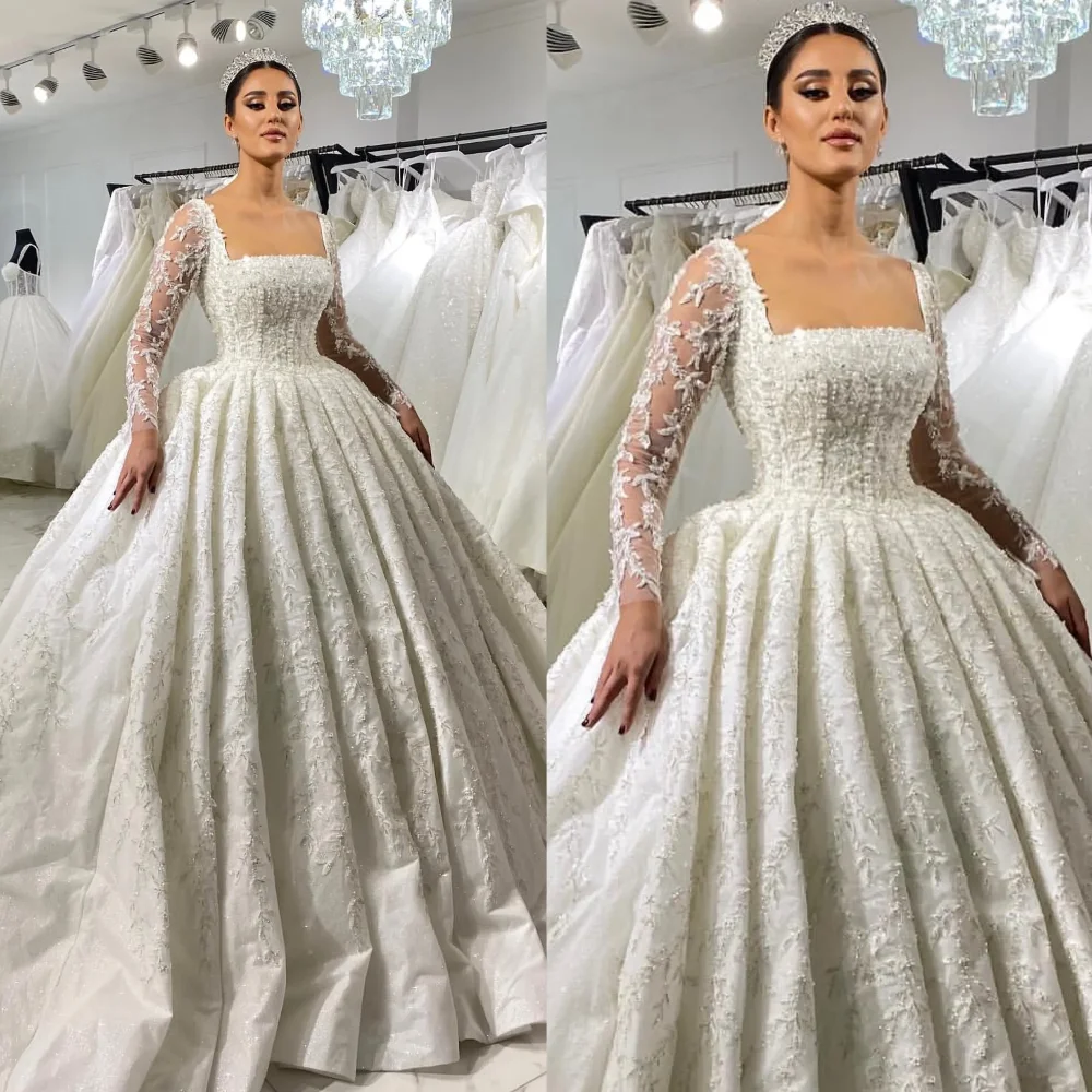 

Stunning lace ball gown Wedding Dress for bride long sleeves fulllace wedding dresses Dubai sweep train ruffle Saudi arabic 2024