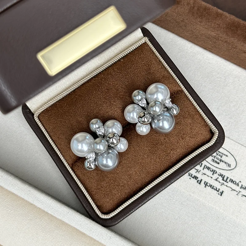 Cool Chilly Gray White Pearl Zircon Temperament Stud Earrings Light Luxury Fashion Jewelry for Women Exquisite Gifts