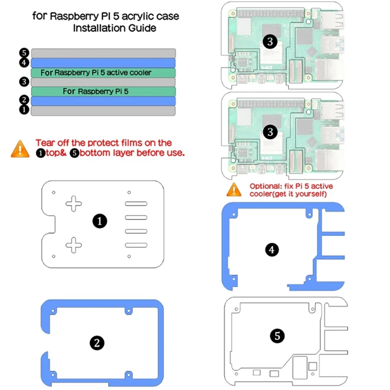 Capa acrílica de 5 camadas para raspberry pi 5, compatível com raspberry pi 5, resfriador ativo, recortes de precisão, durável, fácil de usar