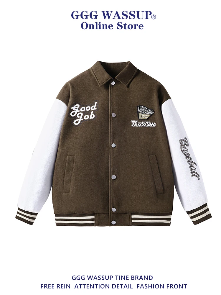 

American Retro Embroidered Letter Baseball Jaet Loose Fit Stand Collar Men's Autumn Versatile Outerwear Polyester Nylon Com...