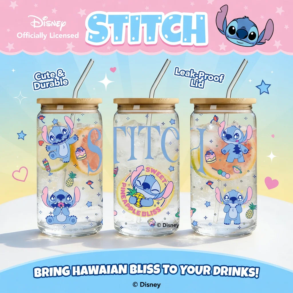 1pc 16oz Disney Cartoon Stitch Borosilicate Glass Tumbler with Bamboo Lid & Straw Cute Summer Cup for Iced Coffee Juice