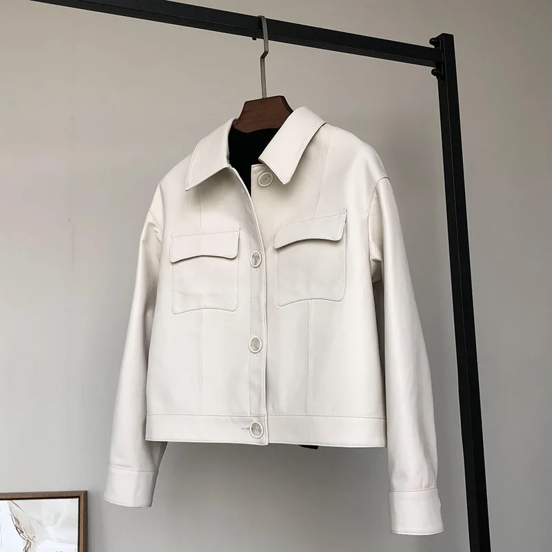 Veste en cuir véritable pour femme, manteau court, col carré, peau de mouton, personnalité de la mode, printemps, automne, nouveau