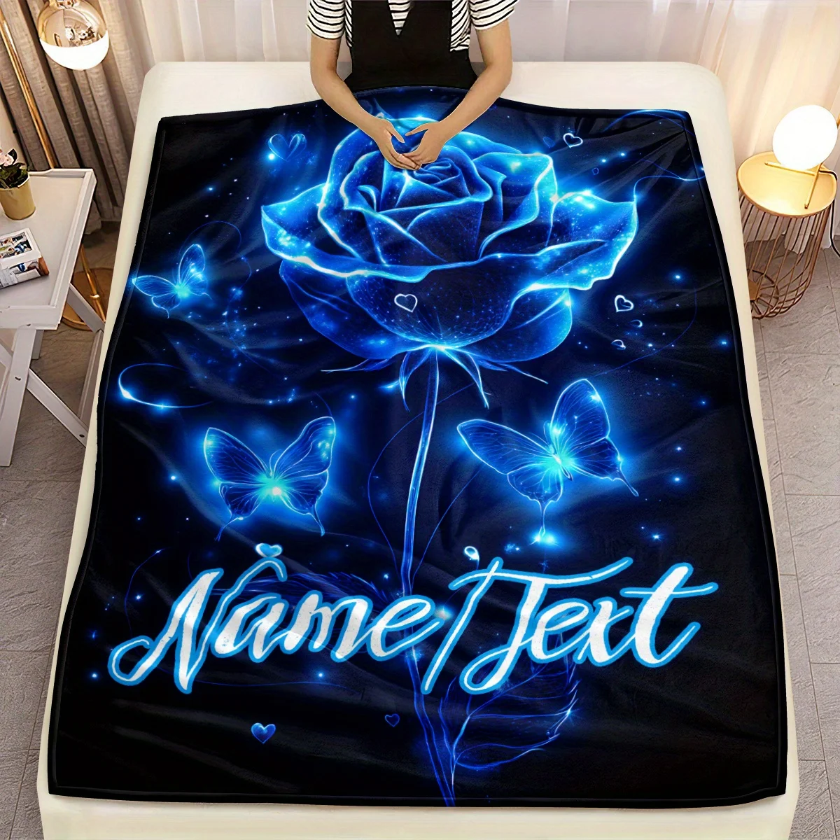 Personalized Glow-in-the-Dark Rose Blanket – Soft & Warm Flannel with Butterfly & Star Design, Lightweight Bedding for Home