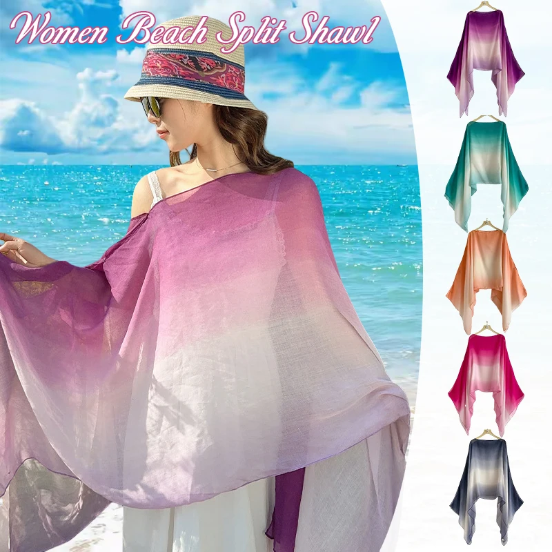 Summer Women Shawl Plain Colour Travel Ethnic Style Shawl Cotton Linen Feel Thin Type Sunscreen Beach Towel Split Shawl