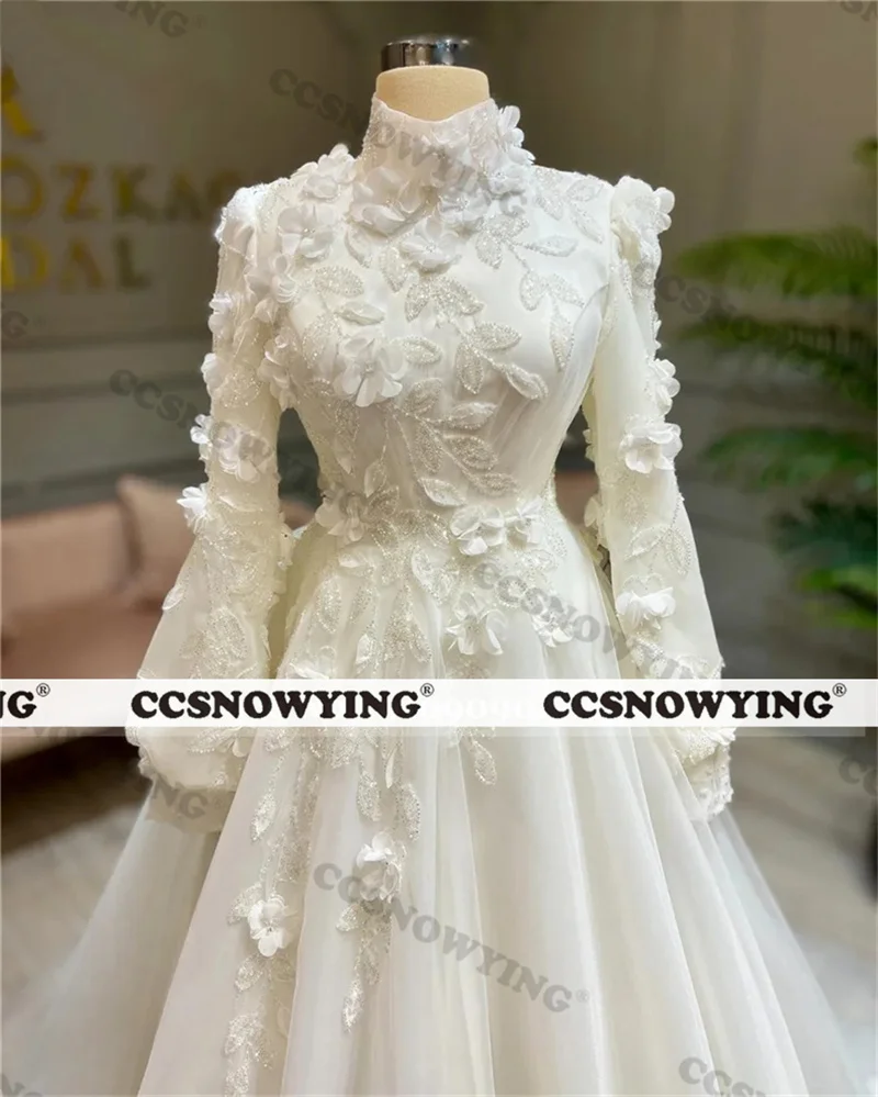 Fashion Appliques Beaded Muslim Wedding Dress for Bride Long Sleeve Islamic Bridal Gowns High Neck Women Arabic Robe De Mariée