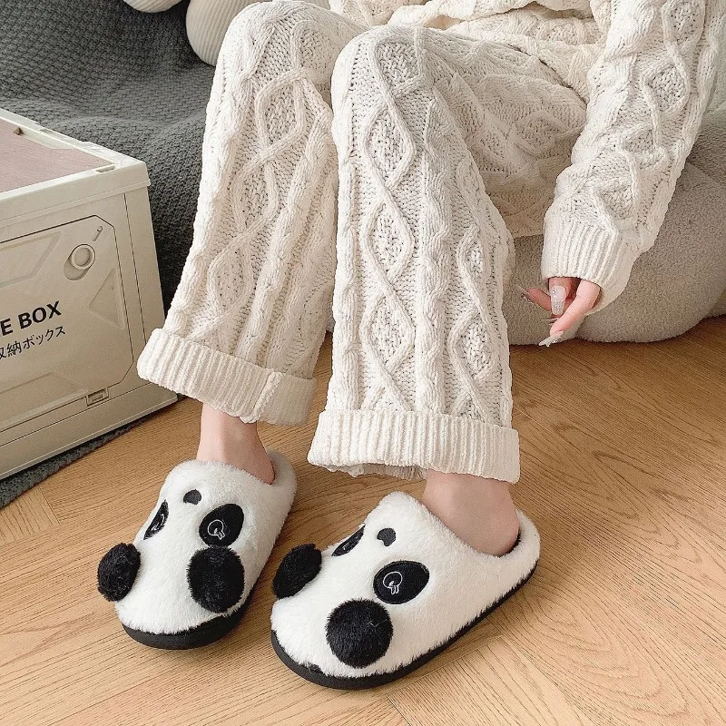 New Winter Unisex Cartoon Panda Warm Plush Slippers Couple Indoor Non-slip House Slides Men and Women Toe Wrap Home Cotton Shoes