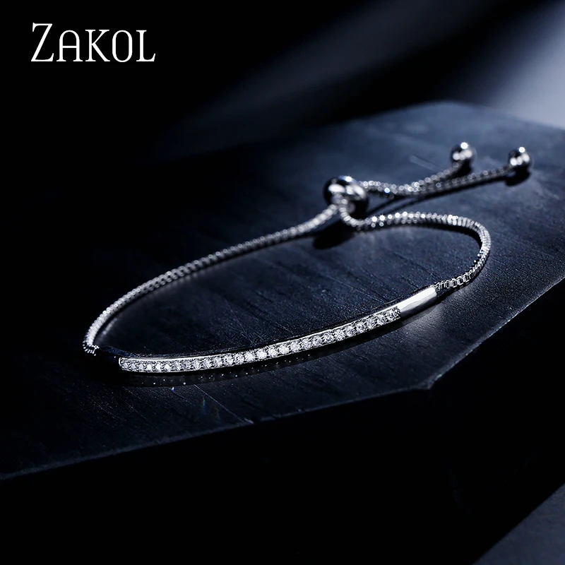 ZAKOL Simple Round Crystal Zirconia Adjustable Chain Bracelet White Gold Color Fashion Jewelry Birthday Gifts for Women