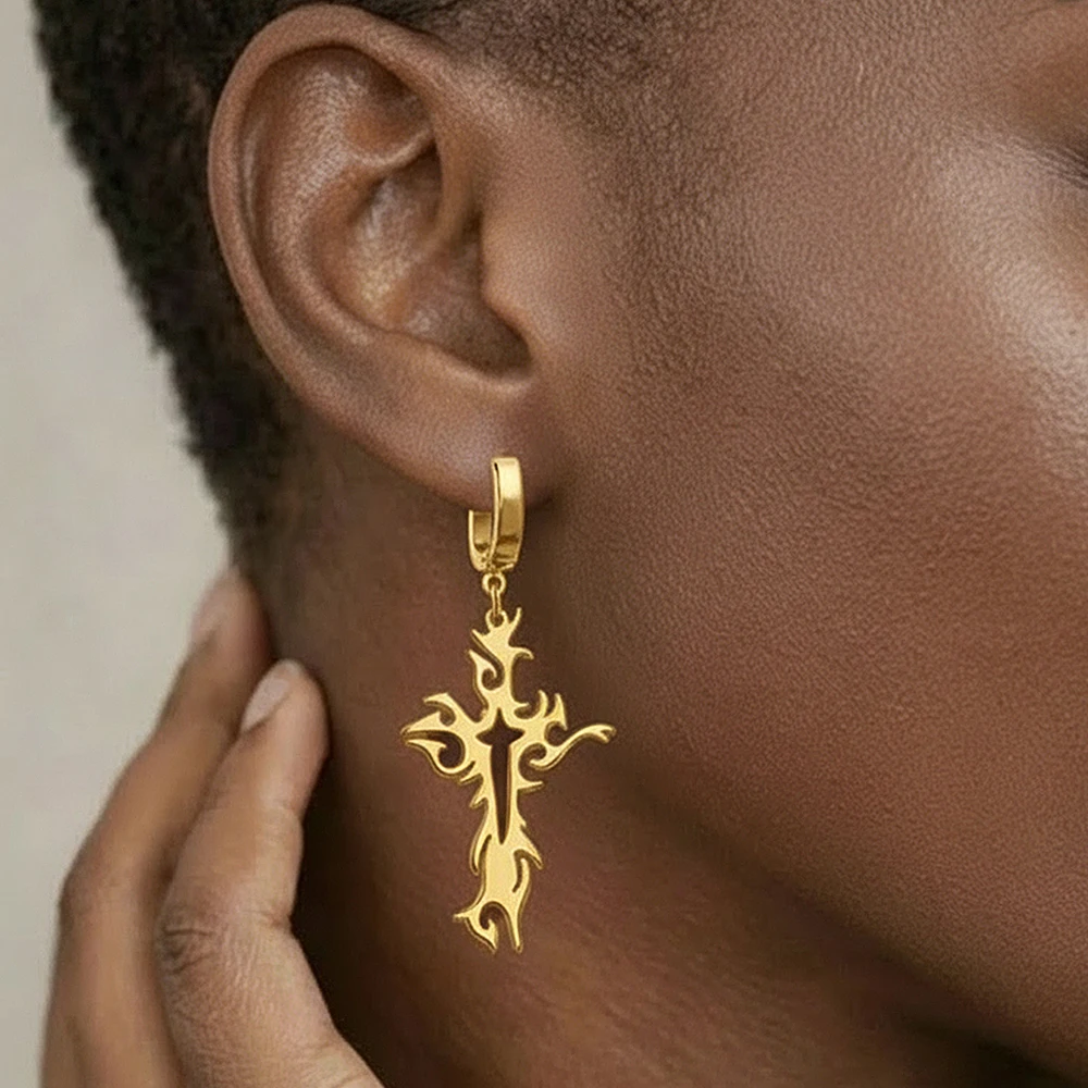 Stainless steel gold hoop earrings with flame cross pendant, punk style,unisex design, perfect for daily wear & Valentine's gift