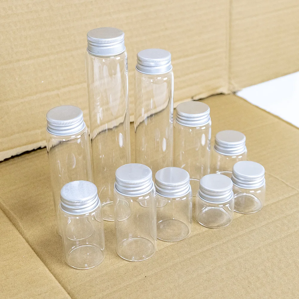 

12PCS 25ml 30ml 40ml 50ml 60ml 70ml 80ml 150ml 180ml Tiny Clear Glass Bottles with Silver Aluminium Screw Cap Cute Jars Vials