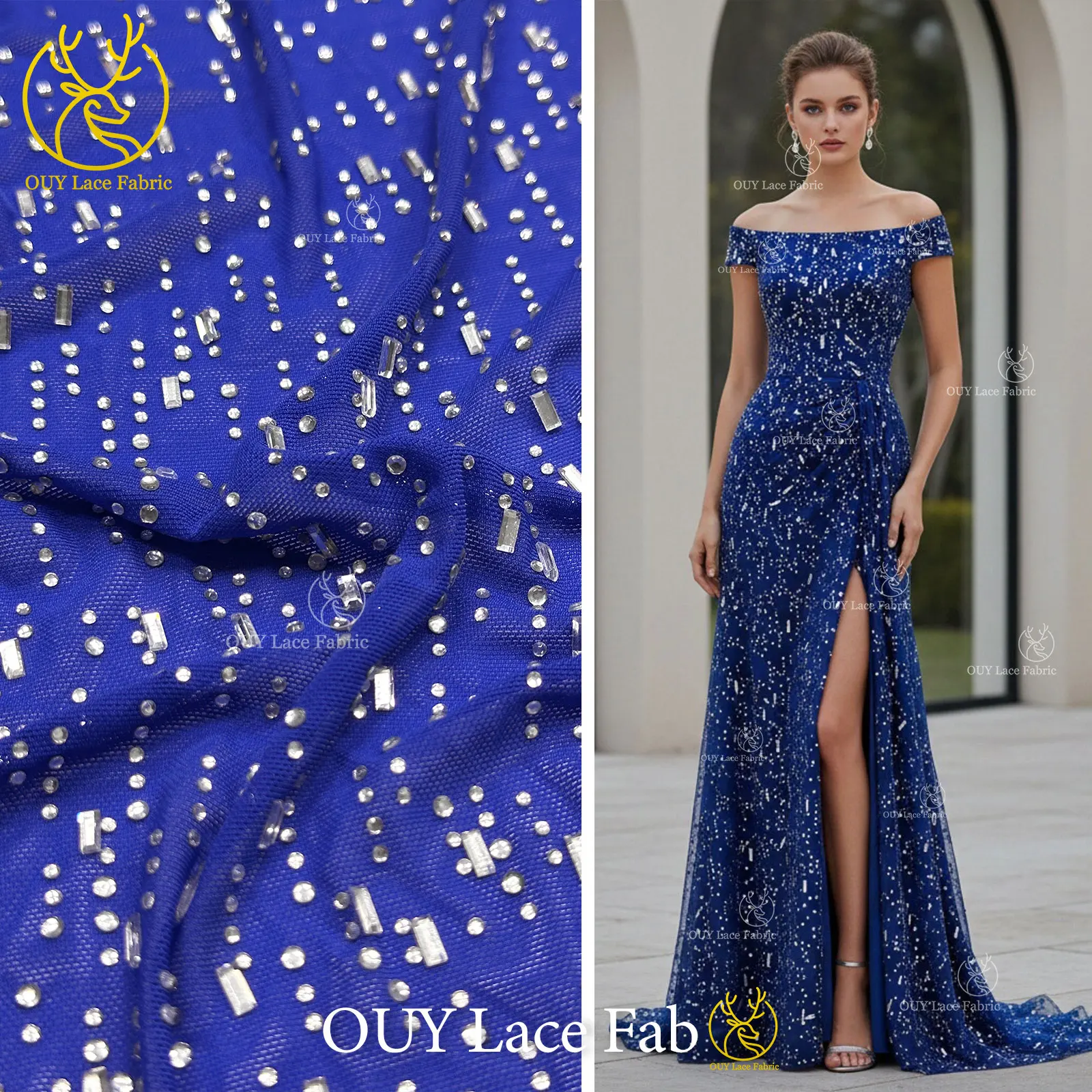 

Royal Blue African Style Glass Stone Lace Fabric 2026 Luxury French Stretch Mesh Lace Fabric For Nigerian Party Evening Dress
