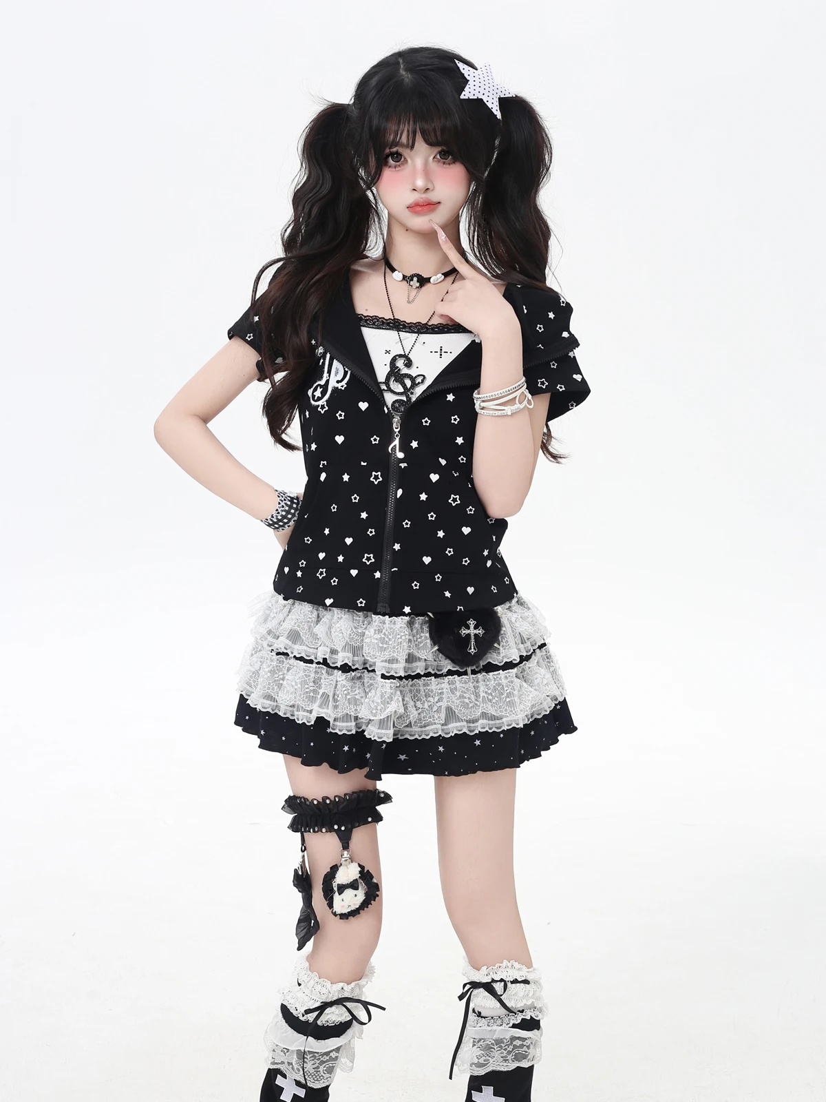 Original doce legal subcultura menina rendas retalhos saias curtas estrela impressão cintura alta a linha versátil bolo saia feminina verão