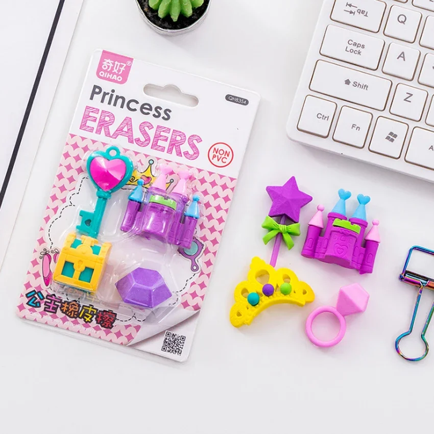 4pcs/lot Lovely Princess Castle Crown Diamond Wand Treasure Box Rubber Eraser Stationery School Supplies Gift for Kids