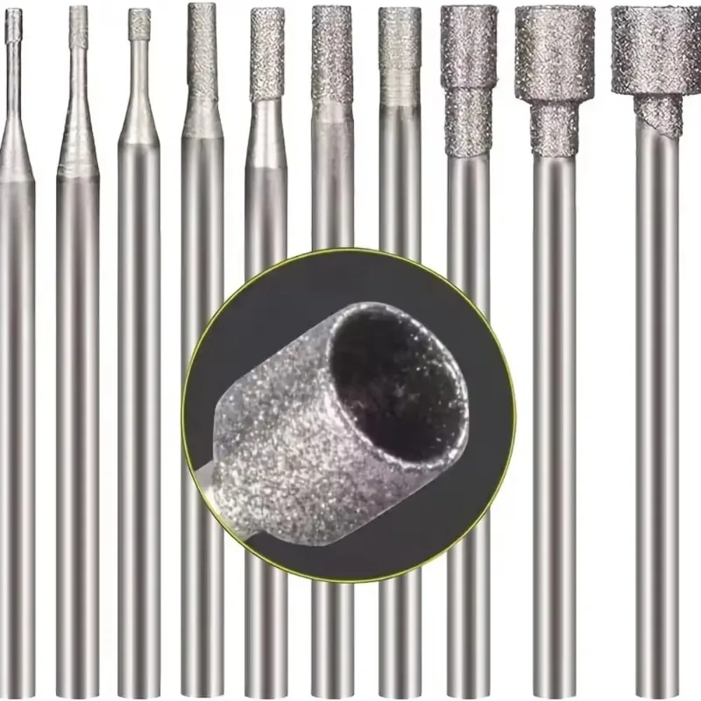 10 Pcs Hollow Cup Shape Diamond Burr Set, 3/32 Inch Shank Stone Carving Bits for Rotary Tools