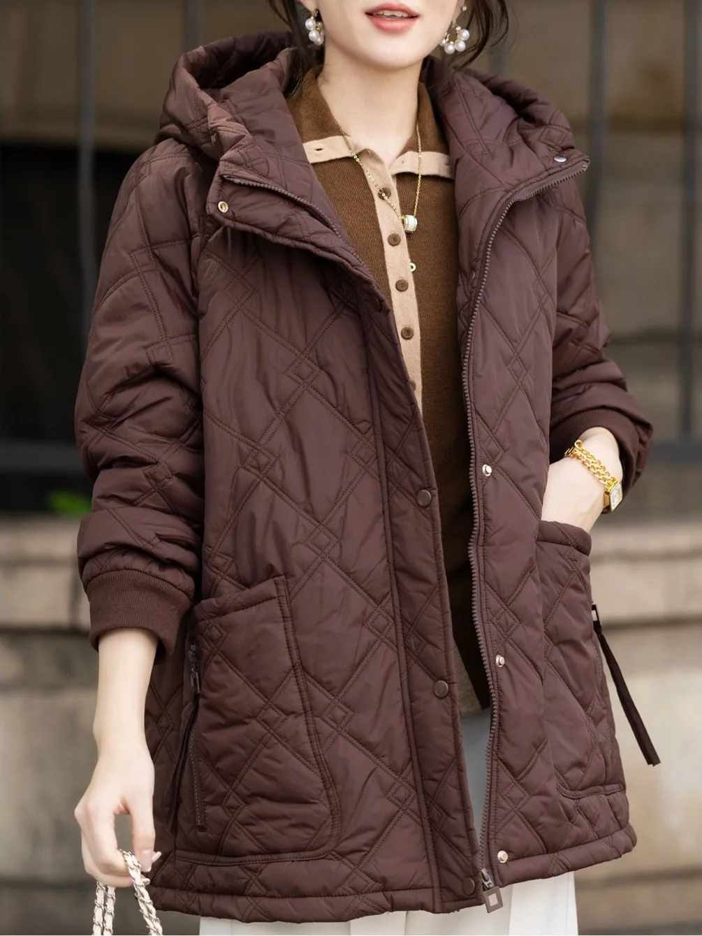 

plus Size Diamond Pattern Cotton Jaet Women's Winter Thiened Hooded Mid-Length Coat Korean Sle Loose Fit Cotton Clothes