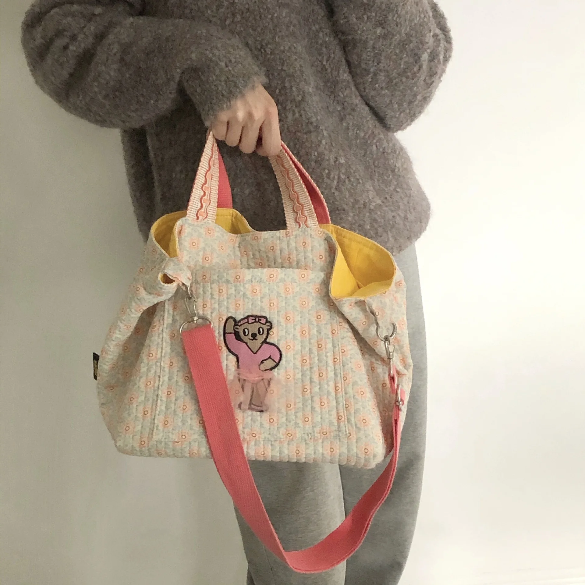 Ins Wind Mommy Bag Go Out Large-capacity Multi-function Mother Bag Bear Broken Flower Hand-held One-shoulder Mother And Baby Bag