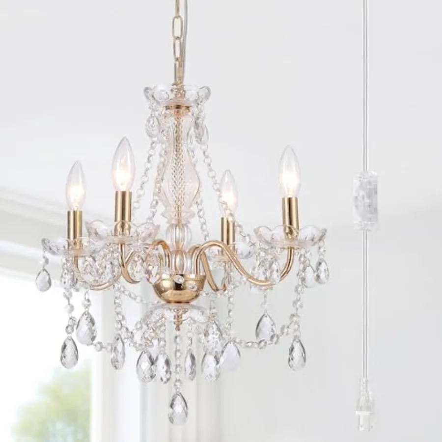

Plug in Crystal ChandelierFrench Country Gold Crystals Chandelier Pendant Lighting 4 Light Glass Crystal Light for Living Room