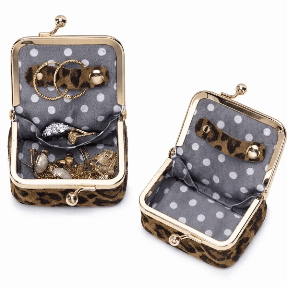 Leopard Print Kiss Lock Coin Purse PU Leather Solid Color Leather Jewelry Bag Multifunctional Square Small Item Bag Woman Girl
