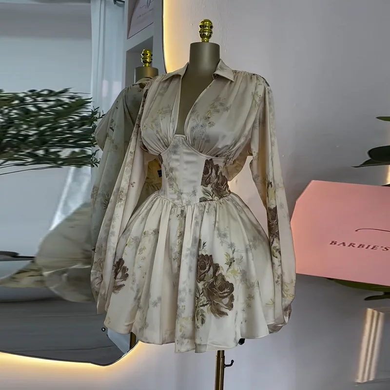 

Spring New Temperament Elegant Printing V-neck Lantern Sleeves High Waist Dress Short Skirt European American Women's Clothing