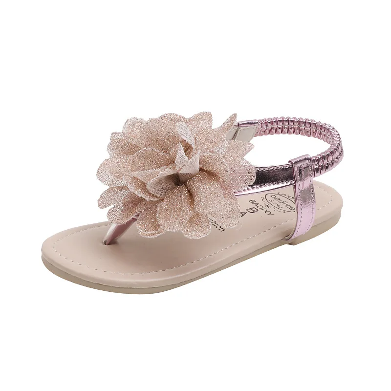 Girls Sandals 2023 Summer New Bling Flowers Baby Children Fashion Soft Bottom Student Shoes Kid\'s Slippers Pink Flats Flip Flops