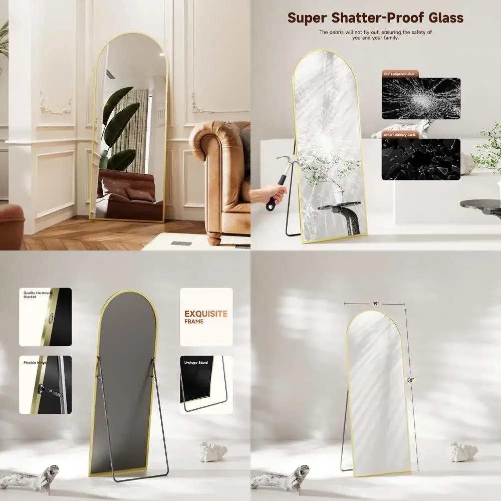 Grote vloerstaande gebogen spiegel, goud gehard glas, muurophanging, lichaamsspiegel over de volledige lengte, 58x19 inch, aluminium frame, Ho