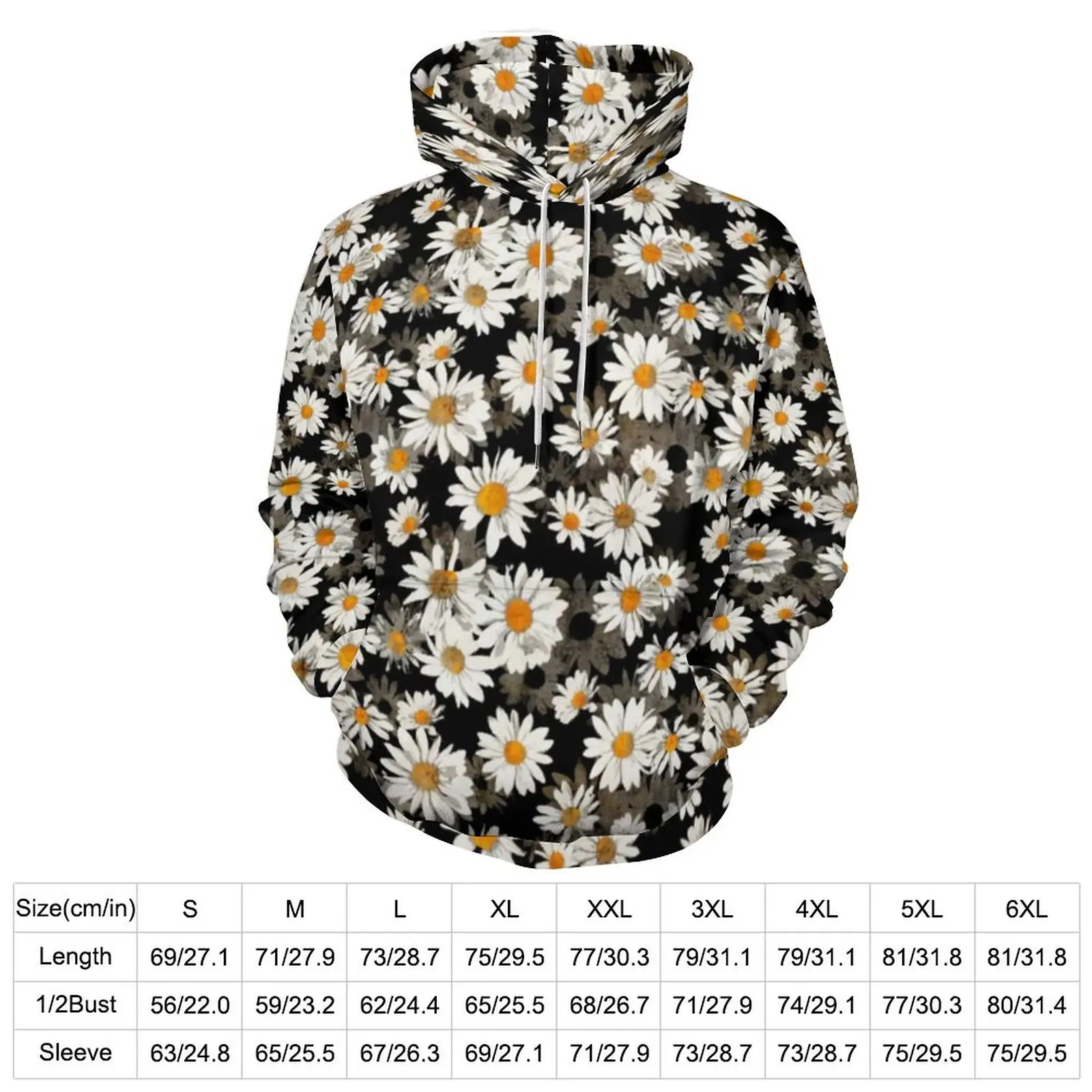 Chic White Daisies Casual Hoodies Men Blossom Floral Modern Design Sweatshirts Winter Long Sleeve Street Fashion Oversize Hoodie