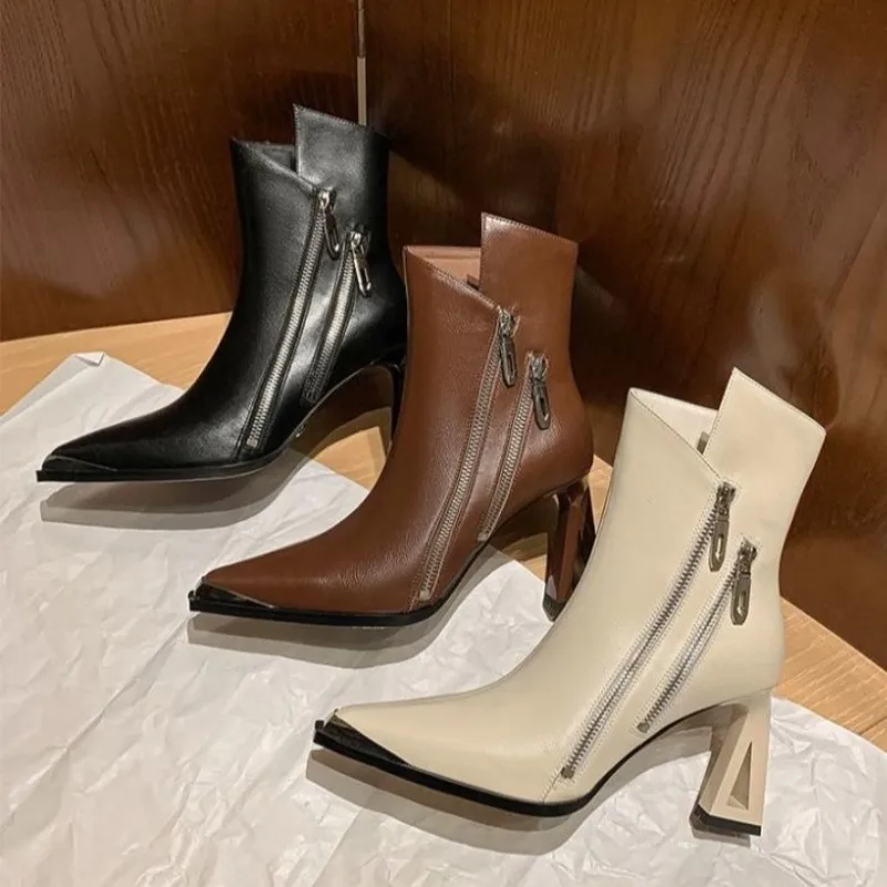 

Ботильоны на фигурном каблуке, мода 2025, металлический острый носок, боковая молния, противоскользящие, износостойкие, на высоком каблуке