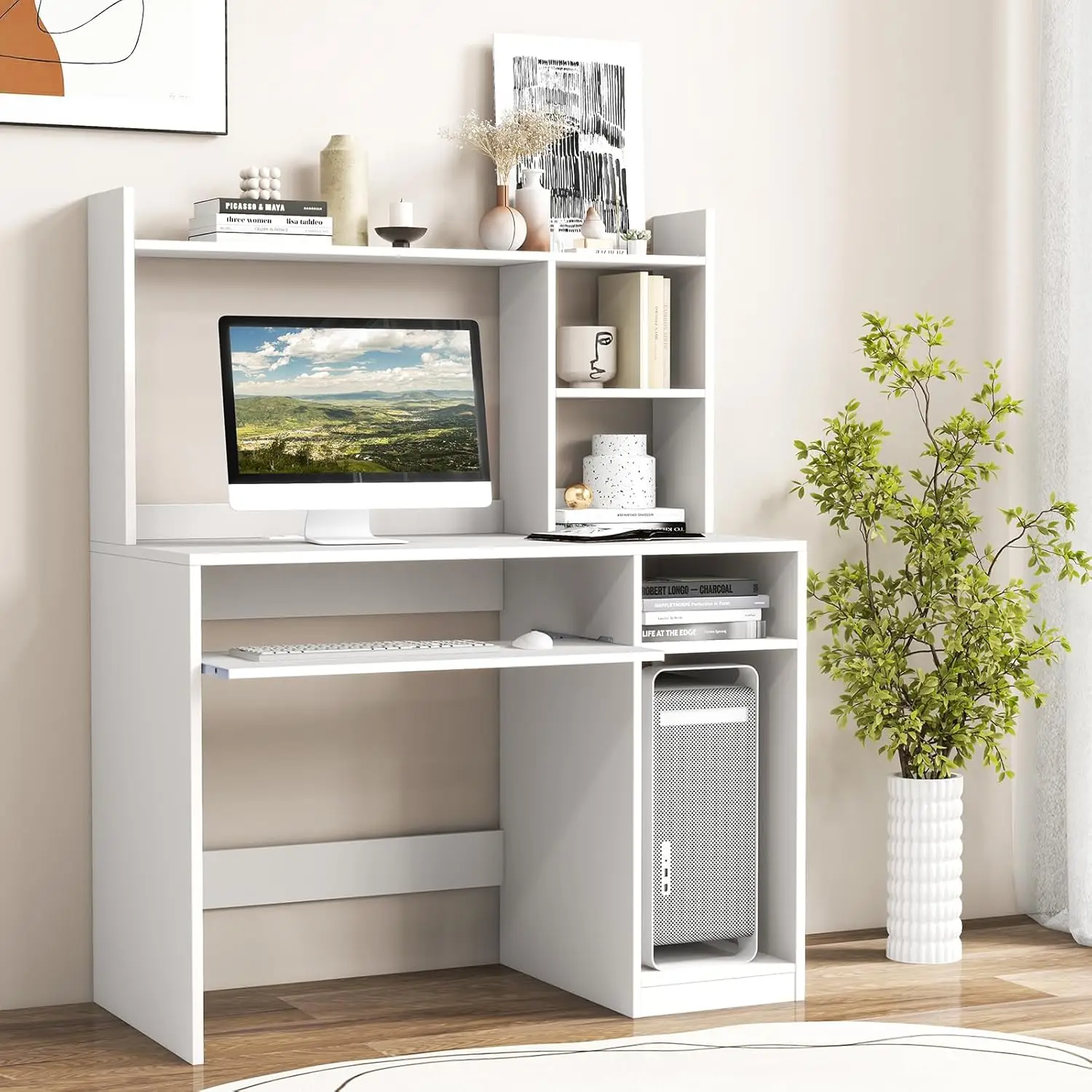 White Desk with Hutch &Charging Station,Office Desk with Keyboard Tray & CPU Stand,Modern PC Desk,Study Desk with Bookshelf