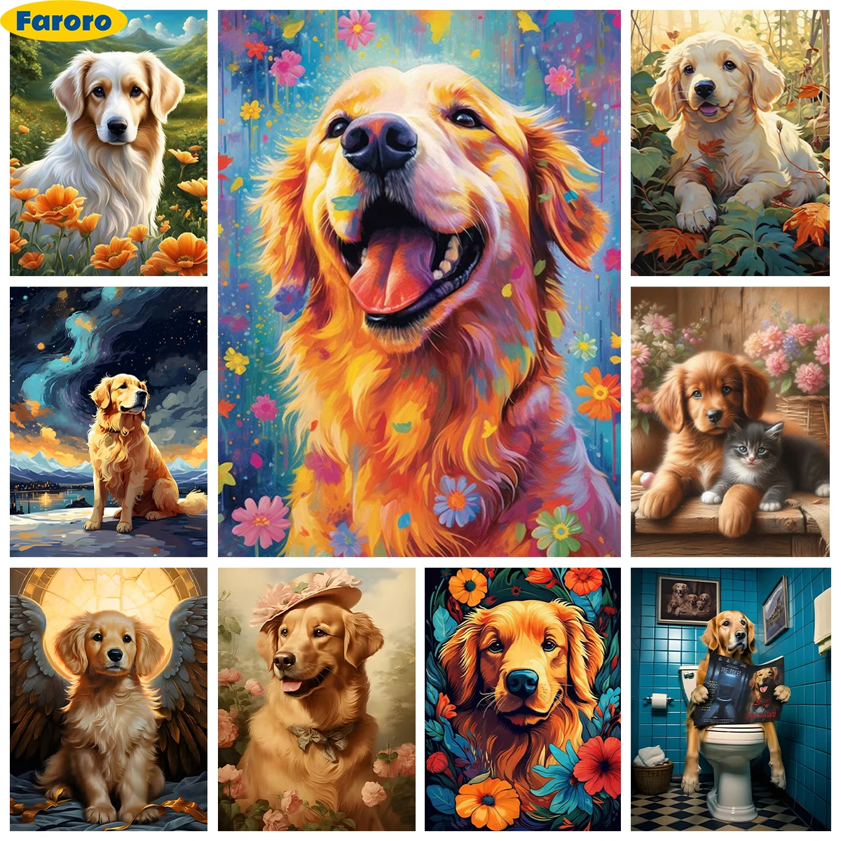 Golden Retriever 5D Diamond Painting Pet Portrait Cartoon Diy Diamond Embroidery Cross Stitch Kit Living Room Bedroom Wall Decor