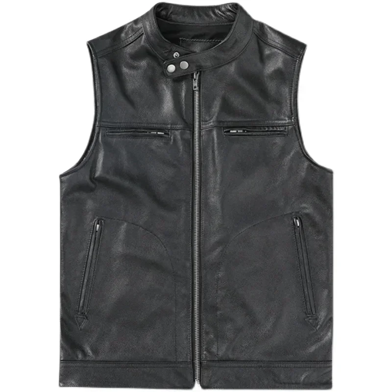 Black Genuine Cowhide Leather Vest Men Vests Slim Fit Veste Homme Motorcycle Biker Waistcoat Мотоцикл