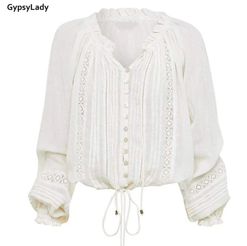 GypsyLady White Lace Vintage Blouse Shirt 100% Cotton Spring Long Lantern Sleeve V-neck Sheer Sexy Blouse Women Chic Top Shirt