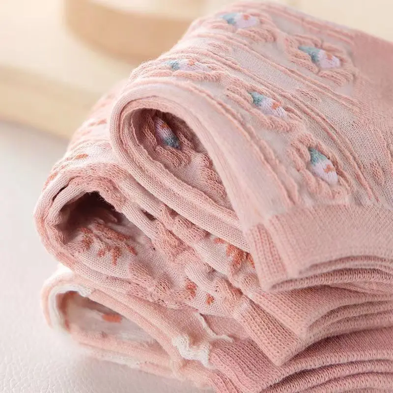 5Pairs of Kawaii Cute Flower 3D Textured Ankle Socks - Vintage Style Thin Low Cut Hosiery for Womenity Pink Boat Socks Female