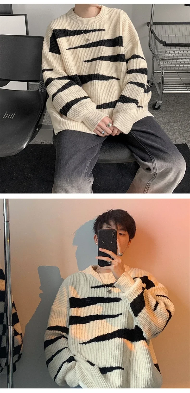 Knitted Loose Fit Male Jumpers O Neck Long Sleeve Striped Sweaters Pullovers Winter 2025 High Street Slight Strech Basics