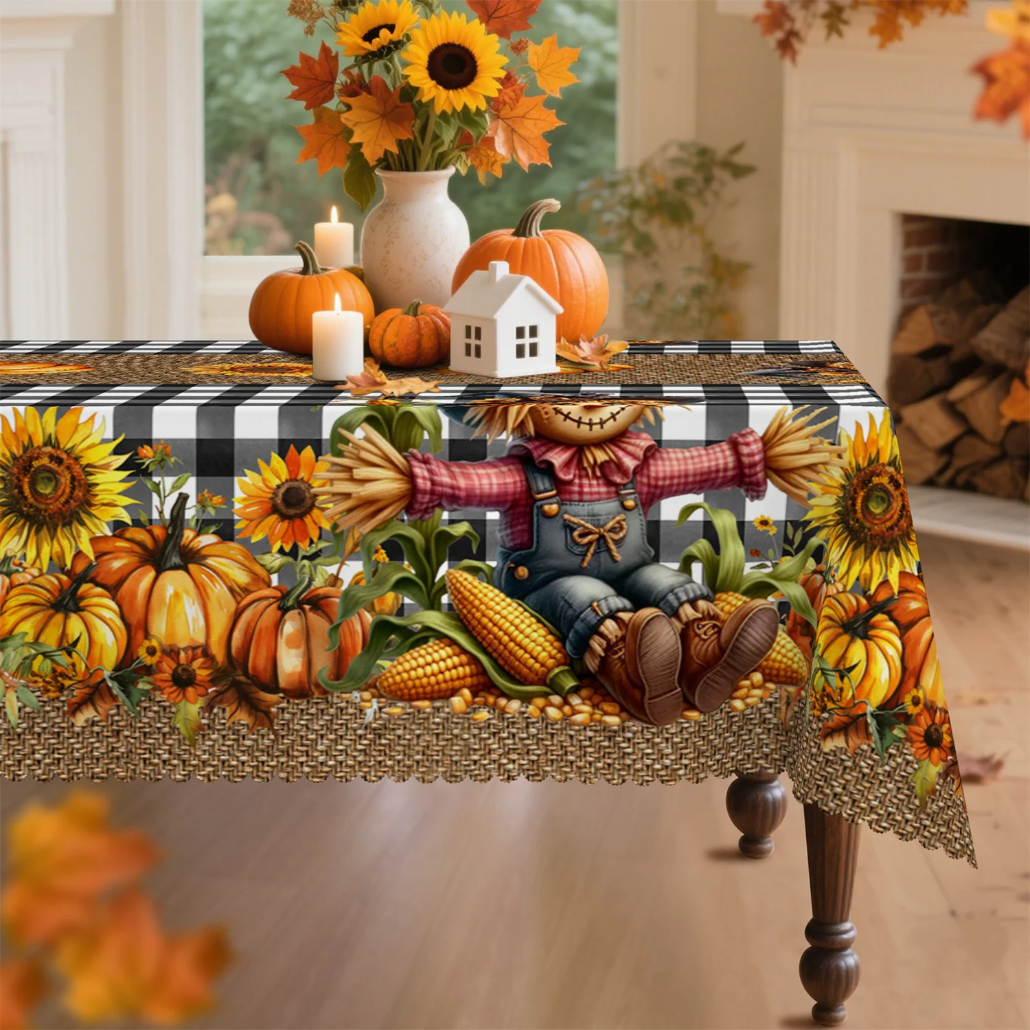 Black and white checkered pumpkin sunflower straw man tablecloth, suitable for rectangular and round dining tables.zyc