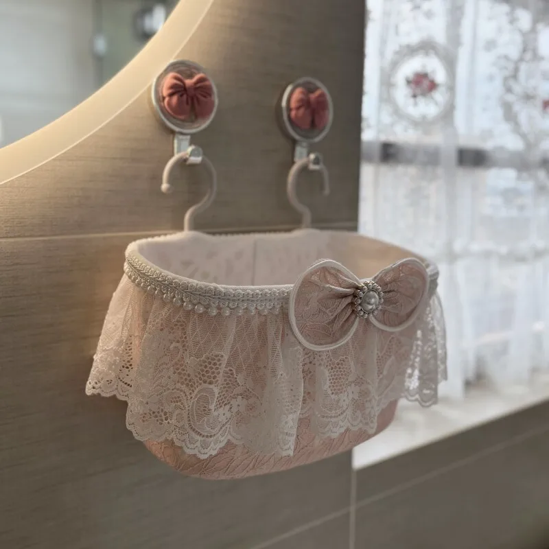 Korean cotton and linen bathroom fabric lace hanging basket cosmetic storage basket bedside wall hanging rack small
