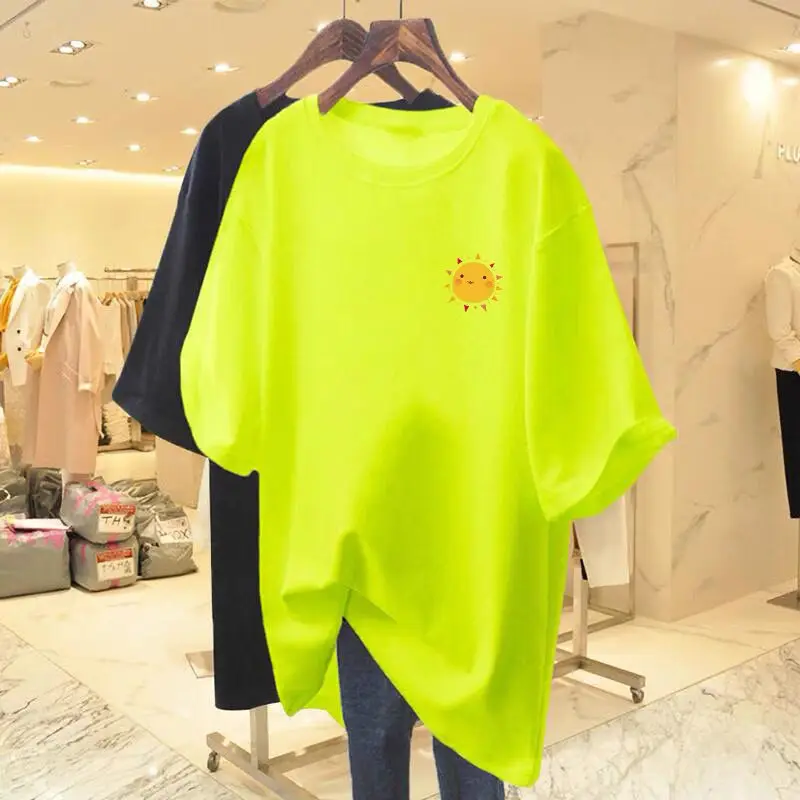 Women's Fashion Cartoon Cute Sun T-shirt 2024 New O-neck Short Sleeve 100 Cotton Loose Simple Pullover Lady Basics Top Tee M-6xl